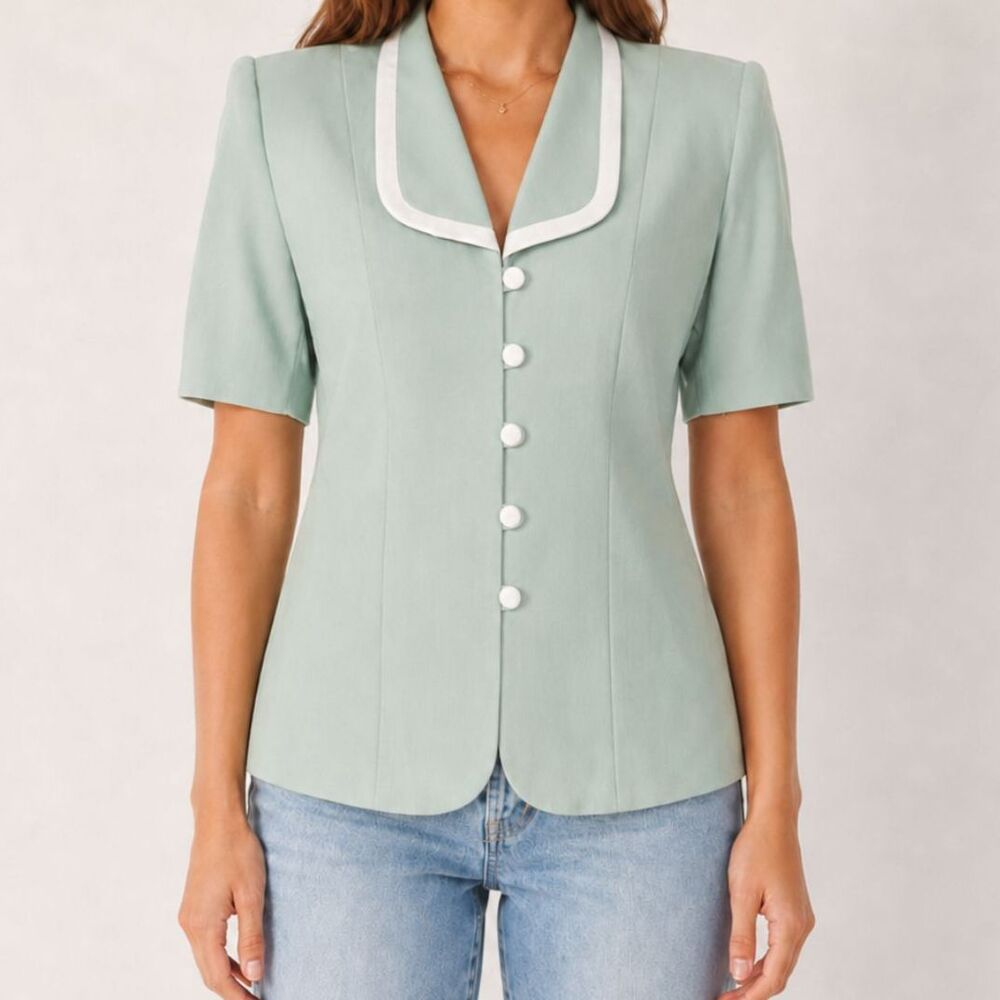 Vintage Mint Green Short Sleeve Blazer Top Size Small